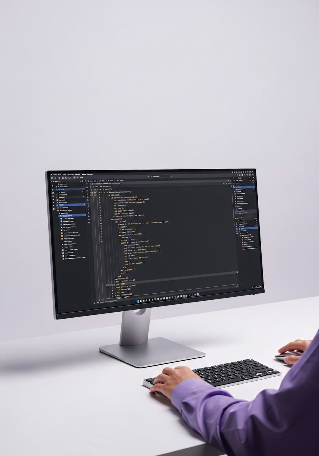 Developer building a custom website in a code editor on a large monitor