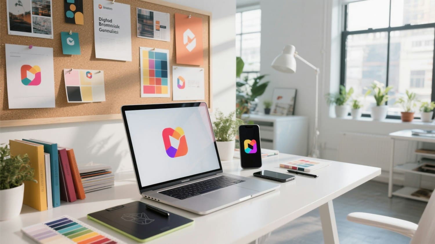 Designer workspace with a laptop, phone and brand moodboard for a new website